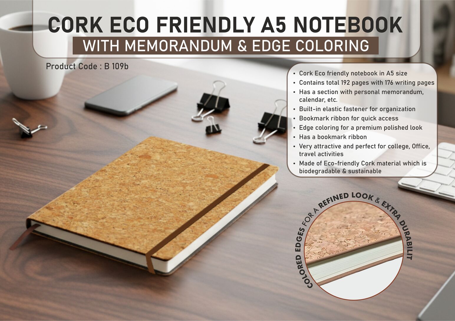 B109b – Cork Eco friendly A5 notebook with Memorandum & Edge coloring | Elastic Fastener | 80 gsm sheets | 192 pages