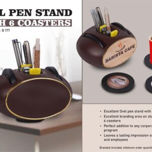 B177 – Oval Pen stand with 6 coasters | Branding included MOQ 200 pc