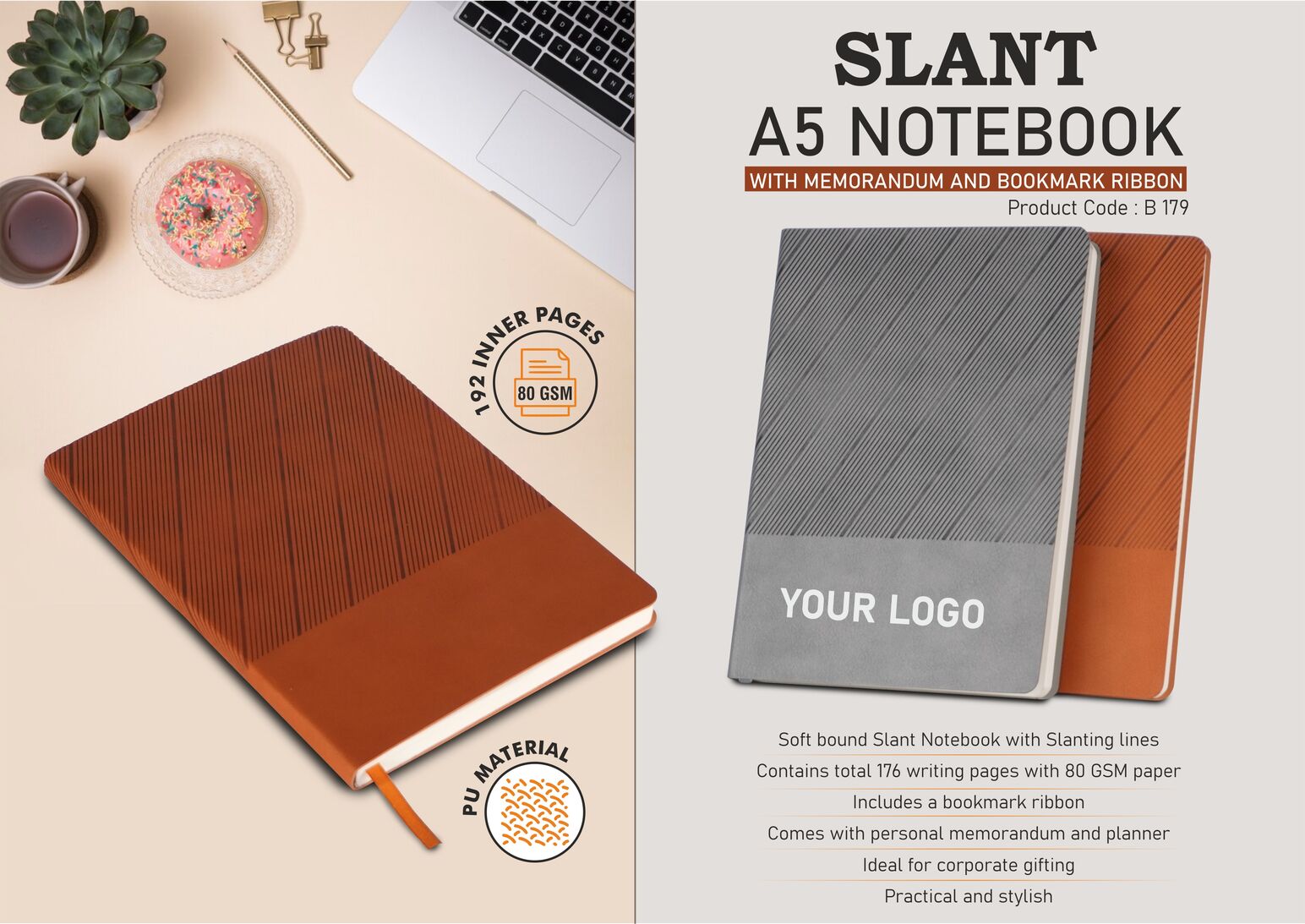 B179 – Slant A5 Notebook with Memorandum and Bookmark Ribbon