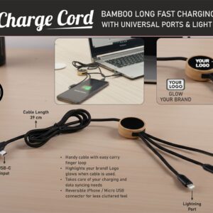 C201 – ZenCharge Cord: Bamboo Long Fast Charging Cable with Universal ports & Light up logo | Dual Input & Triple output | Nylon Braided wire