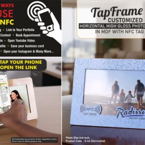 D44 – TapFrame: Customized High Gloss Photo Frame in MDF with NFC tag | Link to your Catalog, Website, Video, etc | Photo size 4×6 inch | Horizontal