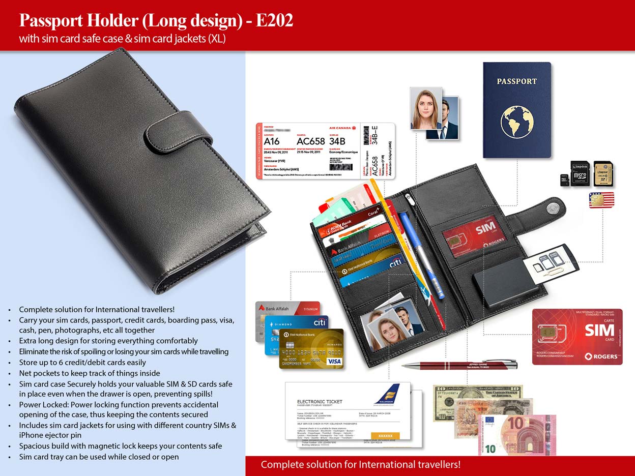 E202 – Passport Holder with sim card safe case & sim card jackets (XL) (Long design) – Min 10 pcs