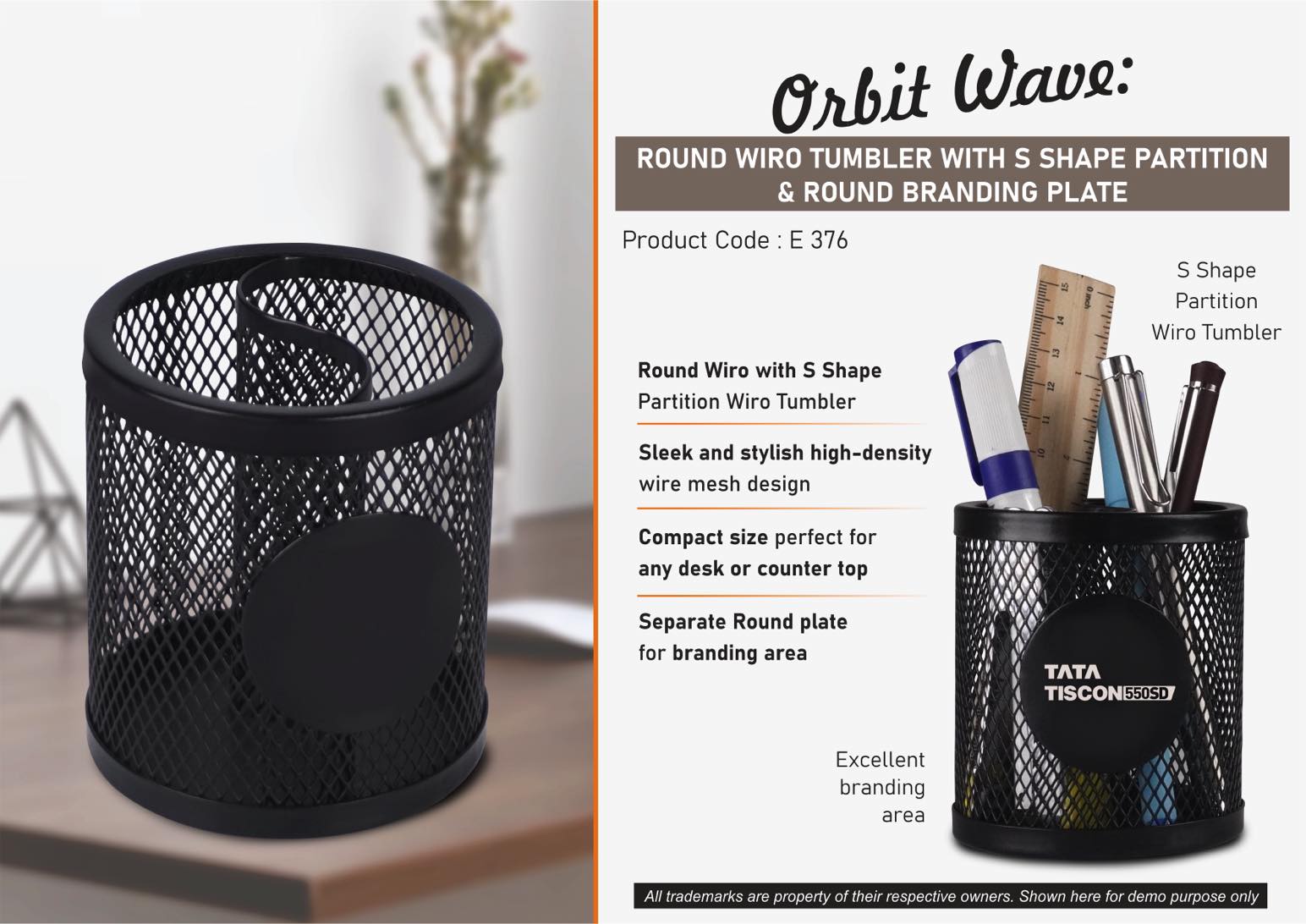 E376 – Orbit Wave: Round Wiro tumbler with S shape partition & Round Branding Plate