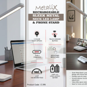 E398 – Metalix: Rechargeable Sleek metal neck LED lamp & Phone stand | 3 Color light with Brightness adjustment | Type C Charging