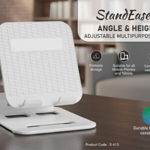 E413 – StandEase L: Angle & Height adjustable multipurpose stand | Suitable for mobile & tablets | Rotating base | Heavy metal base | Foldable body