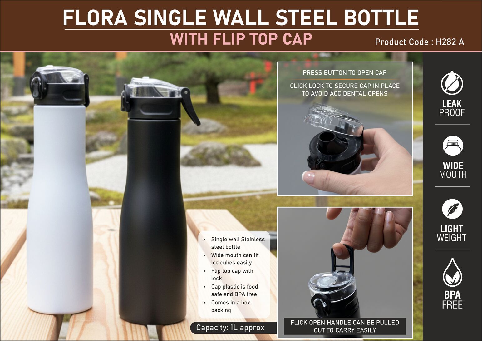 H282a – Flora Steel single wall bottle Colored with Flip top Cap | Capacity 1L approx