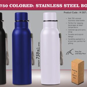 H307a – Bolt 750 Colored: Stainless steel single wall bottle | With Colored Cap and Carry strap | Capacity 750ml approx