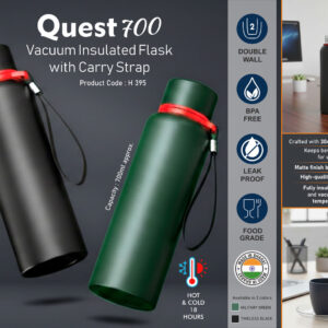 H395 – Quest 700: Vacuum Insulated Flask with Carry Strap | 304 steel inside & outside | 18 hours hot/cold | Metal plate on cap | Capacity 700ml approx