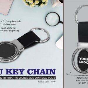 J140 – PU Key chain with Round Rotating Double side Gunmetal plate
