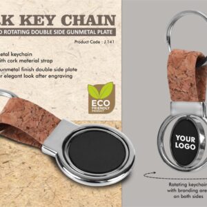 J141 – Cork Key chain with Round Rotating Double side Gunmetal plate