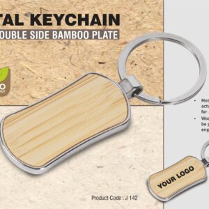 J142 – Metal keychain with double side Bamboo plate