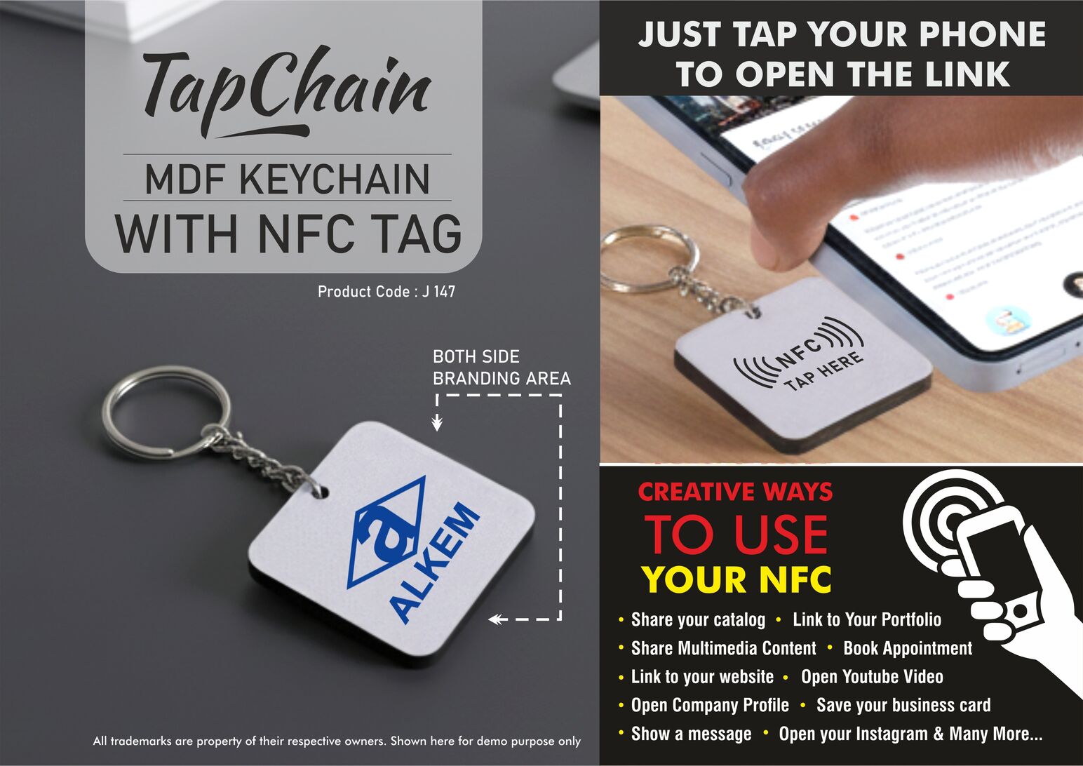 J147 – TapChain Square: Customized MDF Keychain with NFC Tag | Link to your Catalog, Website, Video, etc | Double side branding