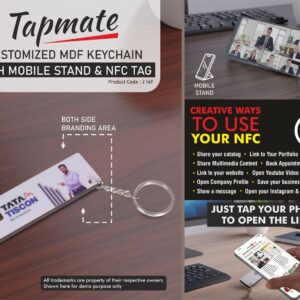 J149 – Tapmate: Customized MDF Keychain with Mobile stand & NFC Tag | Link to your Catalog, Website, Video, etc | Double side branding