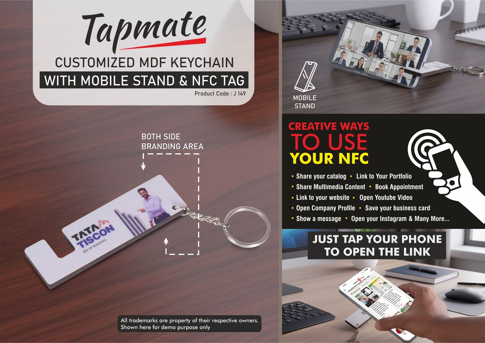 J149 – Tapmate: Customized MDF Keychain with Mobile stand & NFC Tag | Link to your Catalog, Website, Video, etc | Double side branding