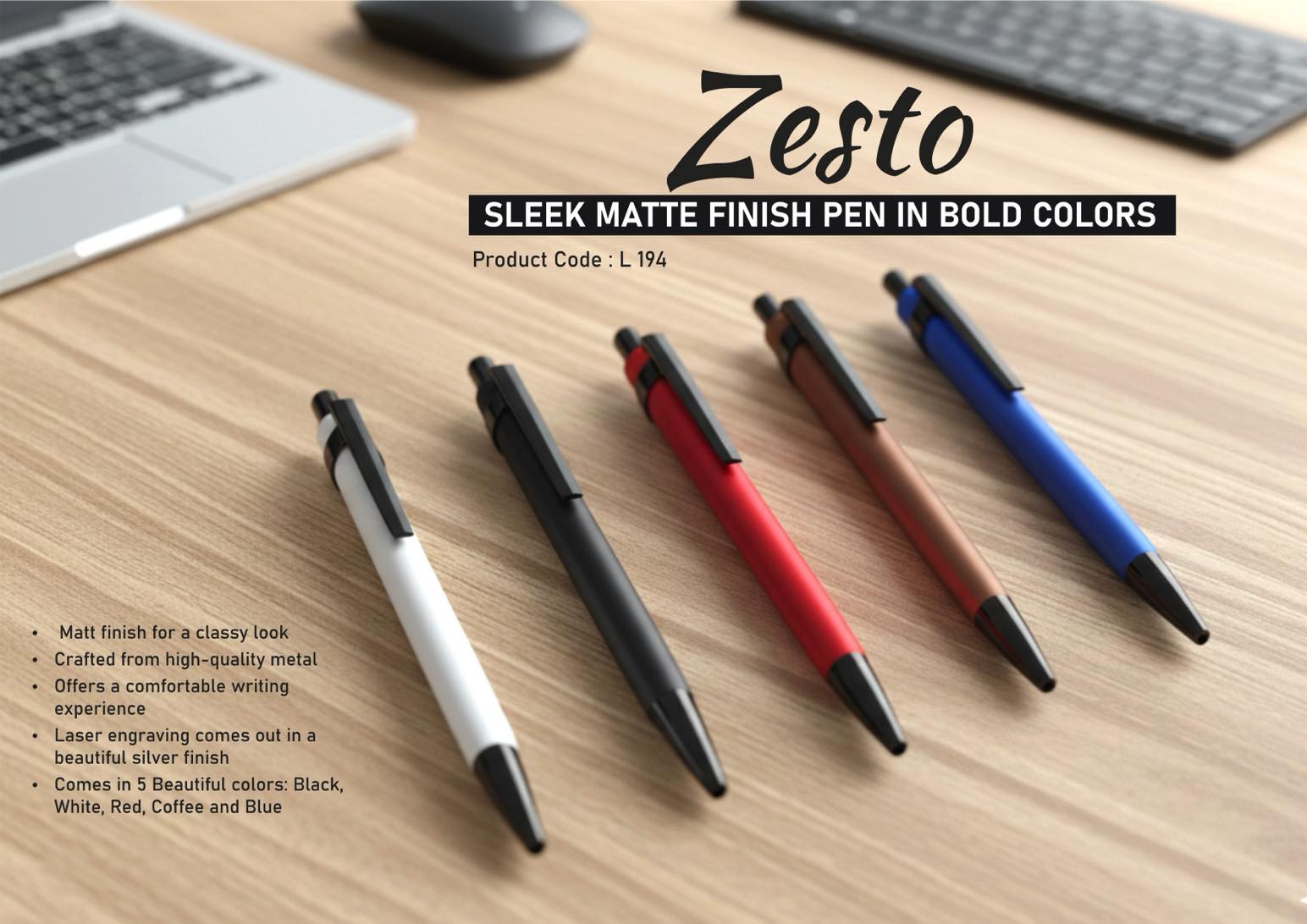 L194 – Zesto: Sleek Matte Finish Metal Pen in Bold Colors