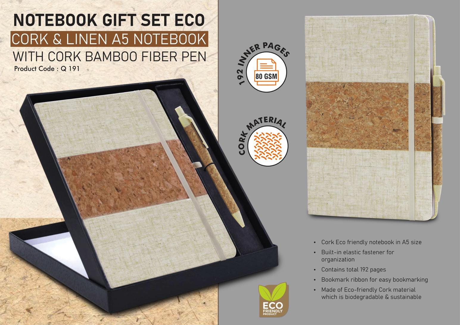 Q191 – Notebook Gift set Eco: Cork & Linen A5 Notebook With Cork Bamboo Fiber Pen