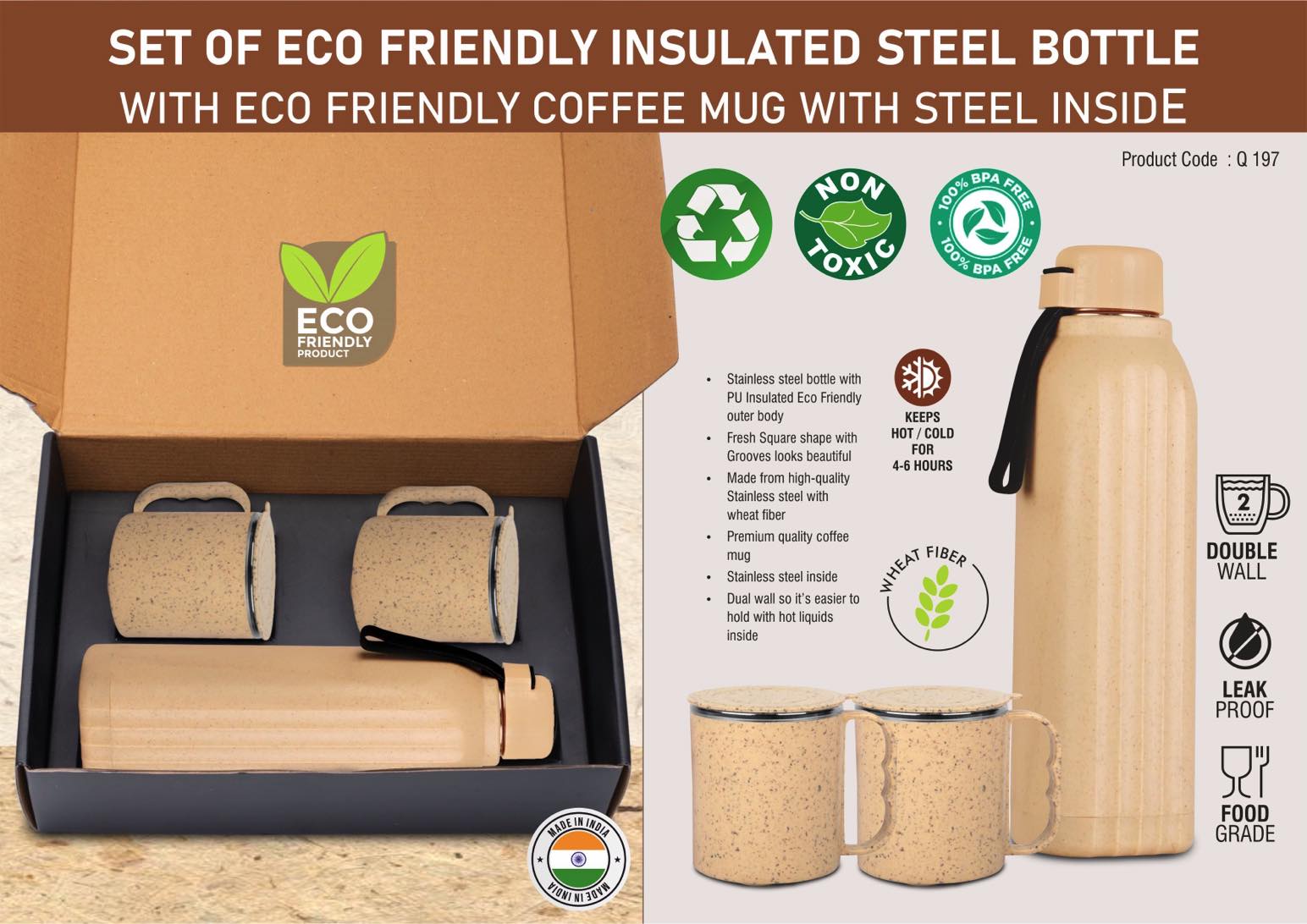 Q197 – 3 pc Eco Gift Set : Insulated Square Eco Steel bottle with 2 Eco Steel cups | Keeps hot for 4-6 hours