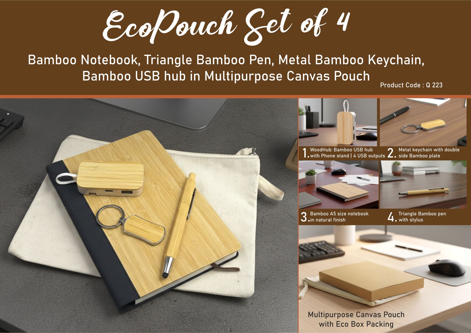 Q223 – EcoPouch Set of 4: Bamboo Essentials Kit in Multipurpose Canvas Pouch
