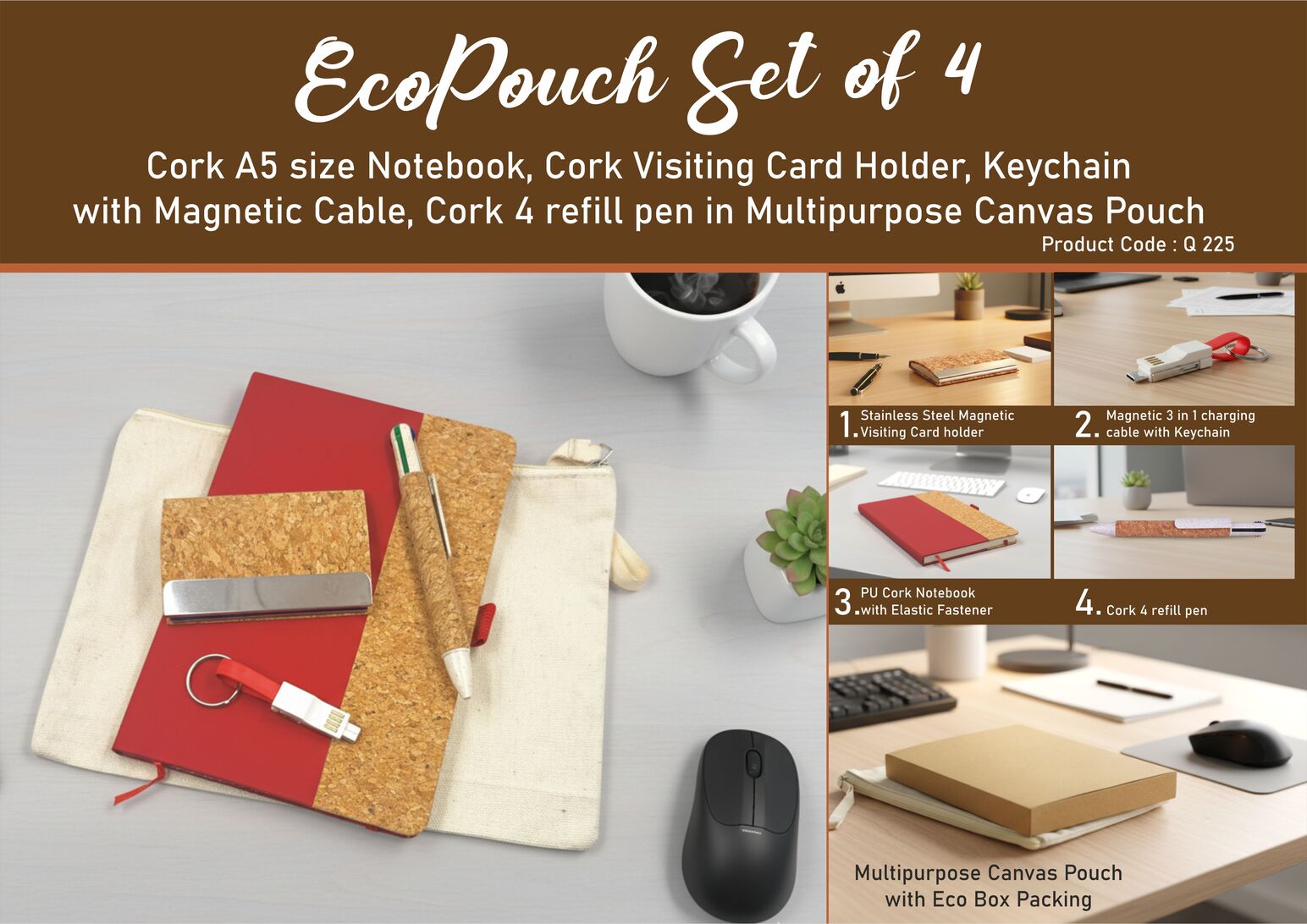 Q225 – EcoPouch Set of 4: Cork Executive Kit in Multipurpose Canvas Pouch- Red edition