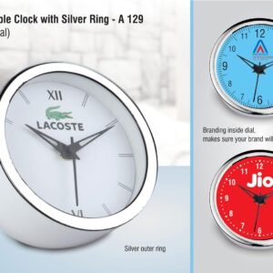 A129 – Chip: Table clock with Silver ring | 5 inch dial | Branding included MOQ 200pc – Min 10 pcs