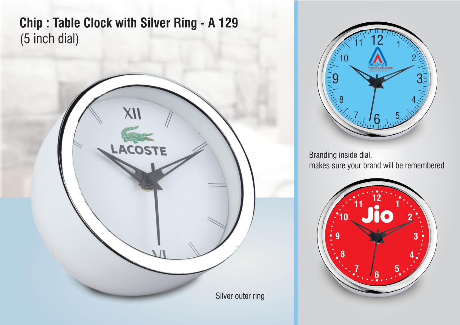 A129 – Chip: Table clock with Silver ring | 5 inch dial | Branding included MOQ 200pc – Min 10 pcs