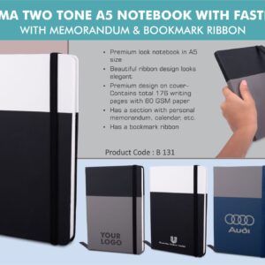 B131 – Optima Two tone A5 notebook with Fastener | With memorandum & Bookmark ribbon