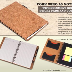 B163 – Cork Wiro notebook with Document Holder, Sticky pads and Cork Pen | A5 size
