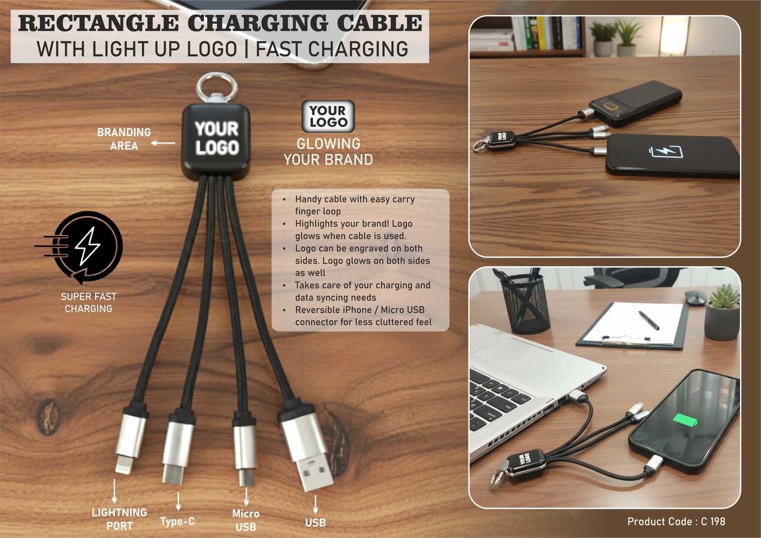 C198 – PowerGlow Rectangle Charging cable with Light Up Logo | Separate wires for all connectors | Fast charging – Min 10 pcs