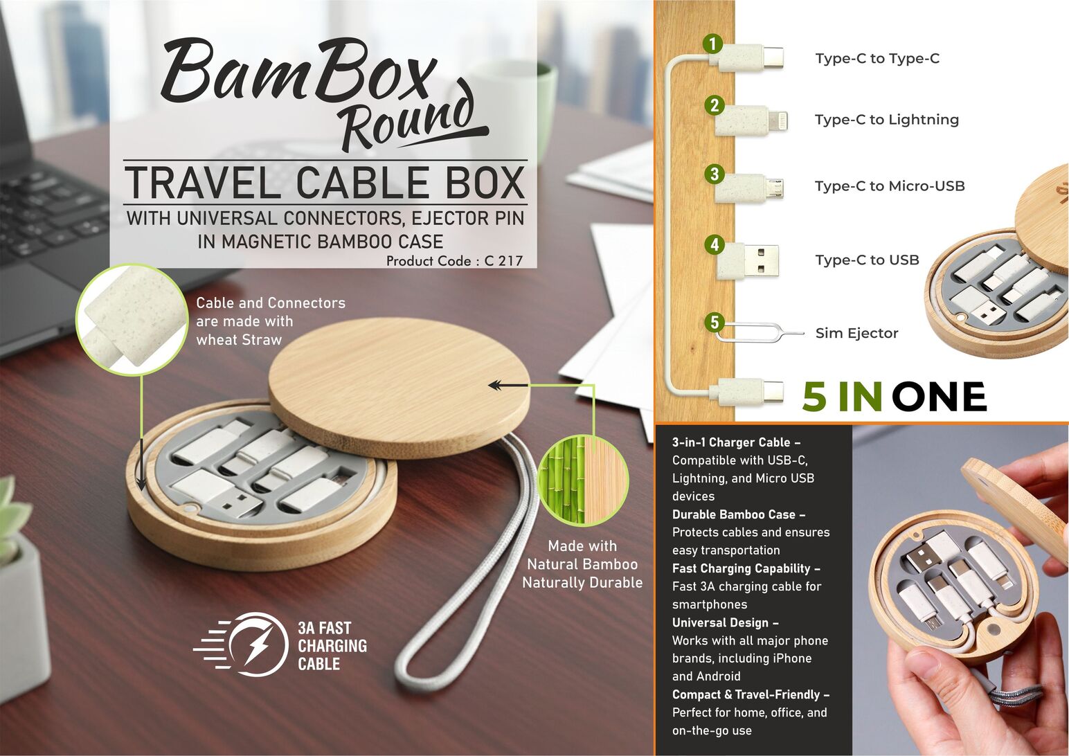 C217 – BamBox Round: Travel Cable box with universal connectors, ejector pin in Magnetic Bamboo Case