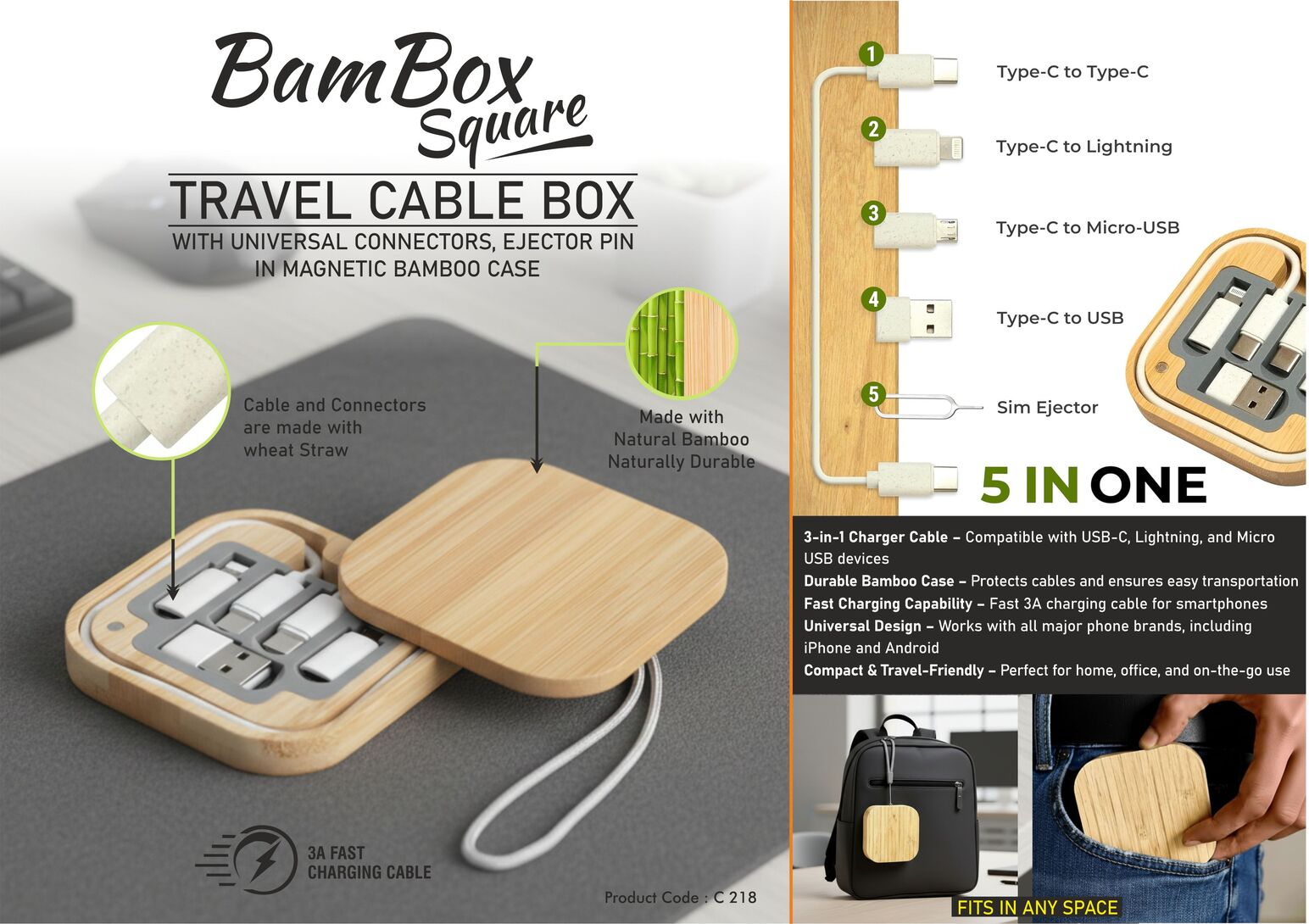 C218 – BamBox Square: Travel Cable box with universal connectors, ejector pin in Magnetic Bamboo Case – Min 10 pcs