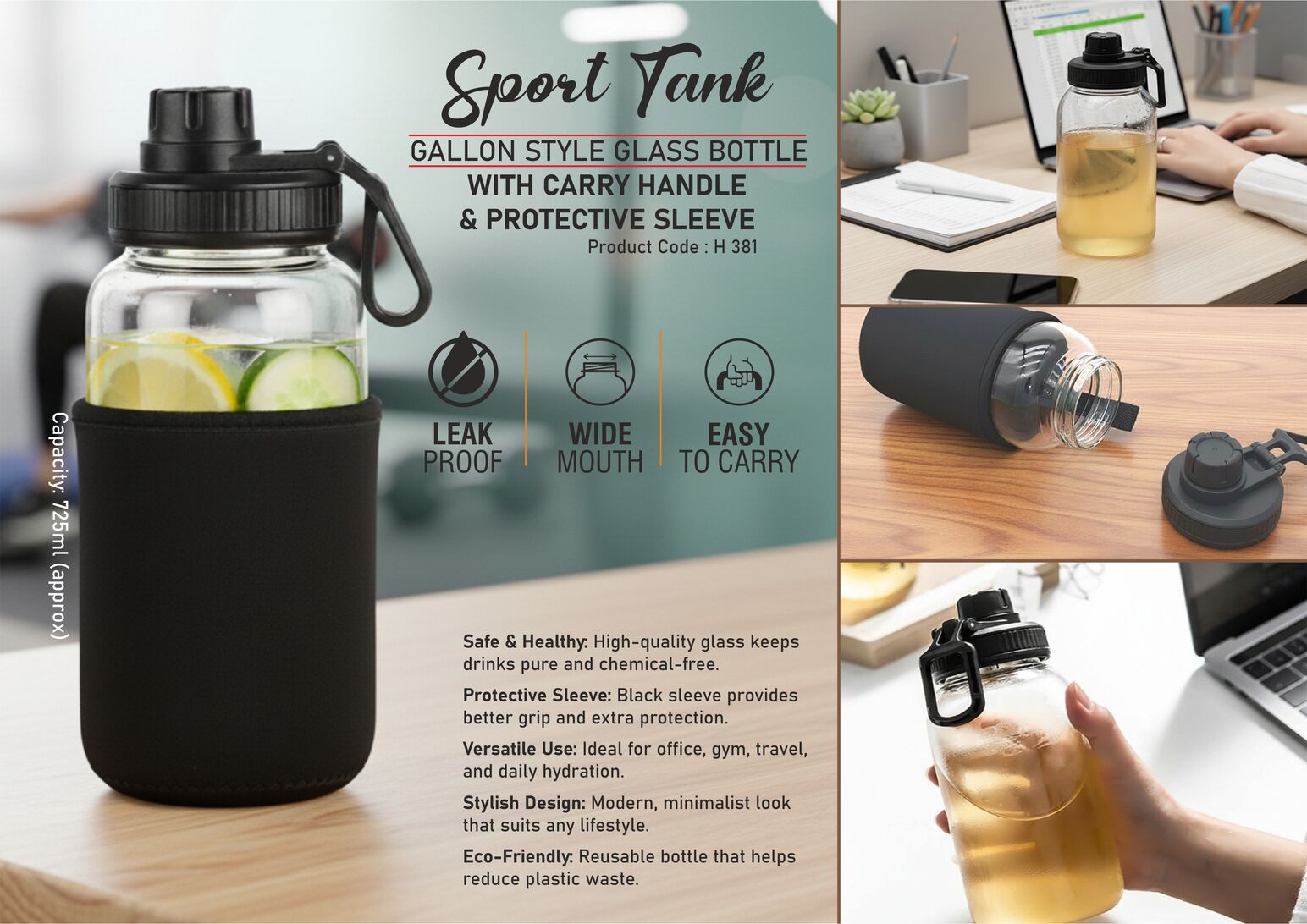 H381 – SportTank: Gallon style Glass Bottle with Carry Handle & Protective Sleeve | Capacity 725ml (approx) - Min 10 pcs