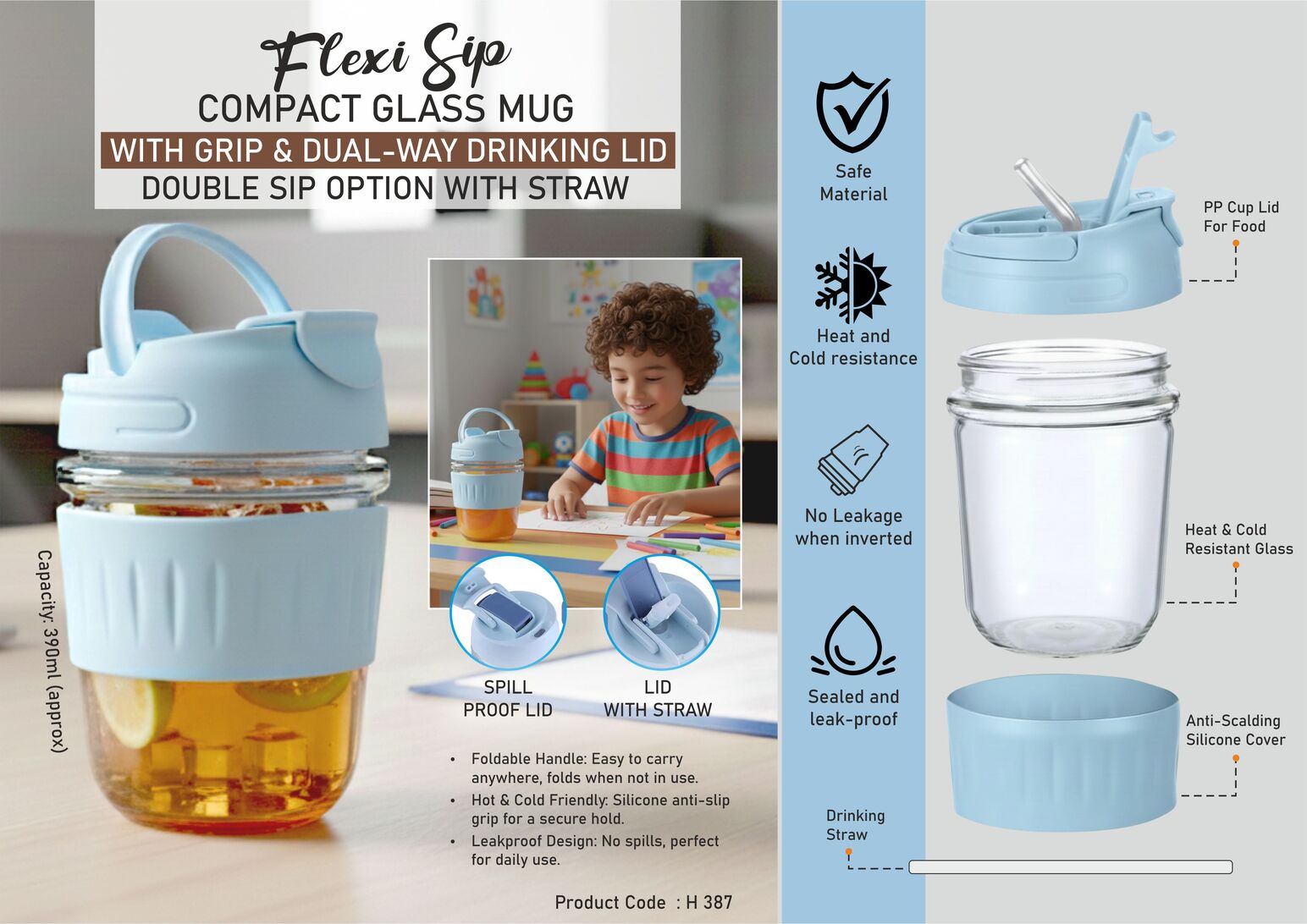 H387 – FlexiSip: Compact Glass Mug with Grip & Dual-Way Drinking Lid | Double sip option with straw | Capacity 390ml (approx) - Min 10 pcs
