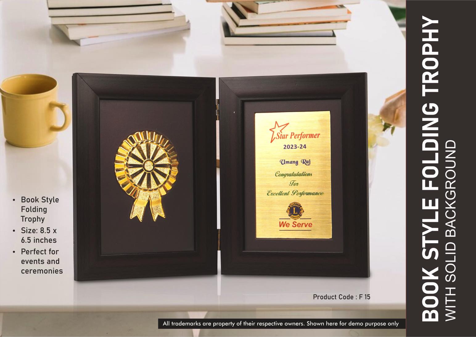 F15 – Book Style Folding Trophy with Award Motif | 8.5 x 6.5″ | Solid Background - Min 10 pcs