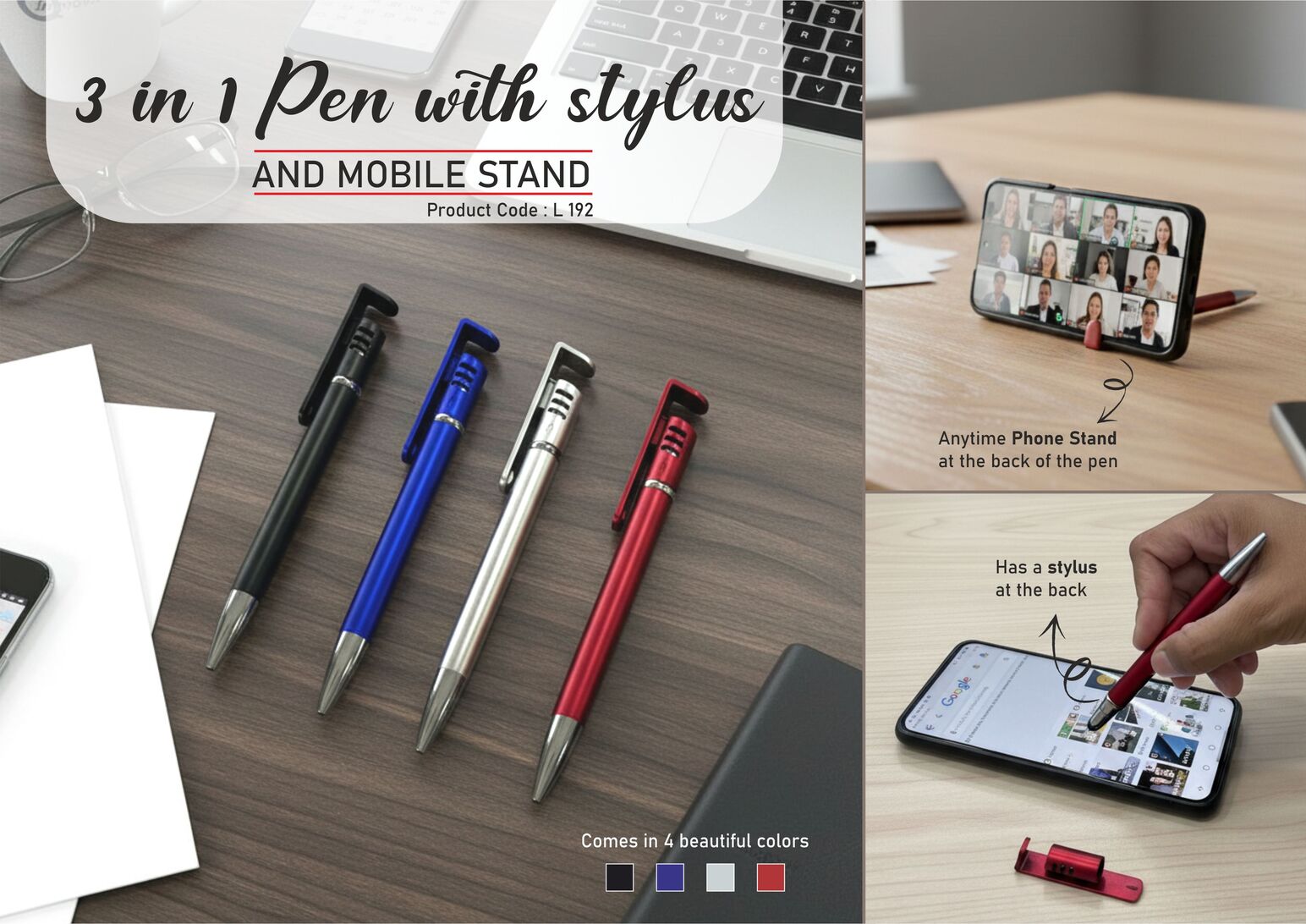L192 – 3 in 1 Pen with stylus and mobile stand | Hidden stylus with detachable phone stand