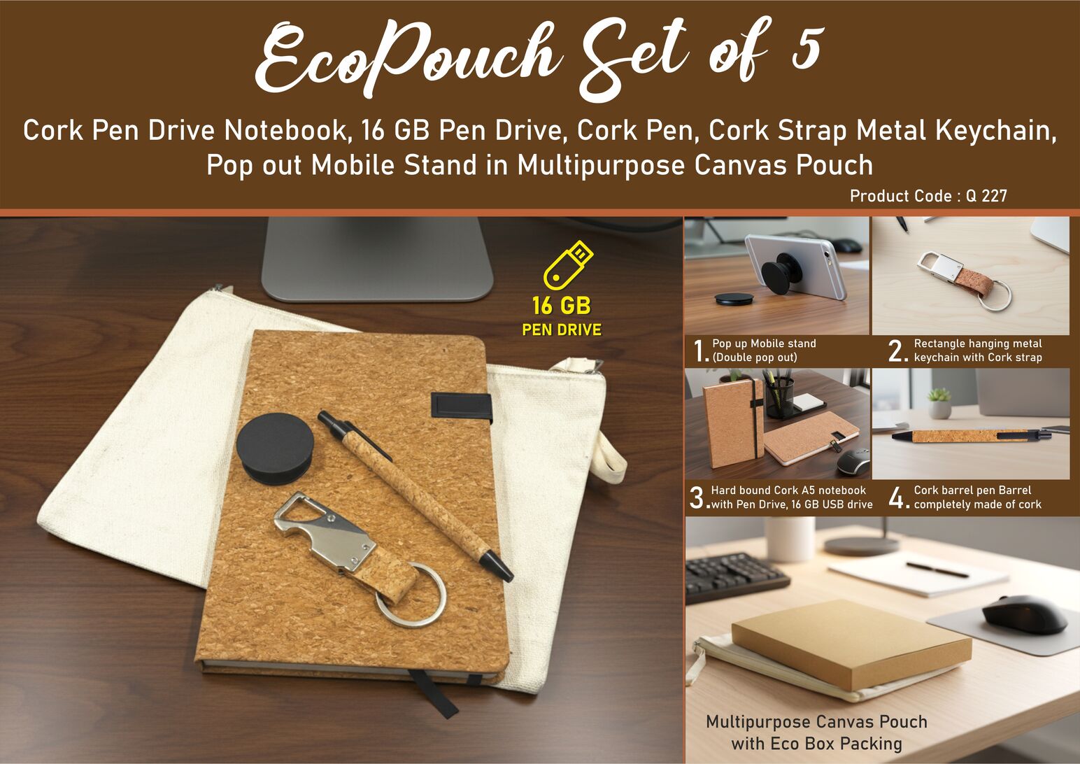 Q227 – EcoPouch Set of 5: Cork Utility Pro Kit in Multipurpose Canvas Pouch