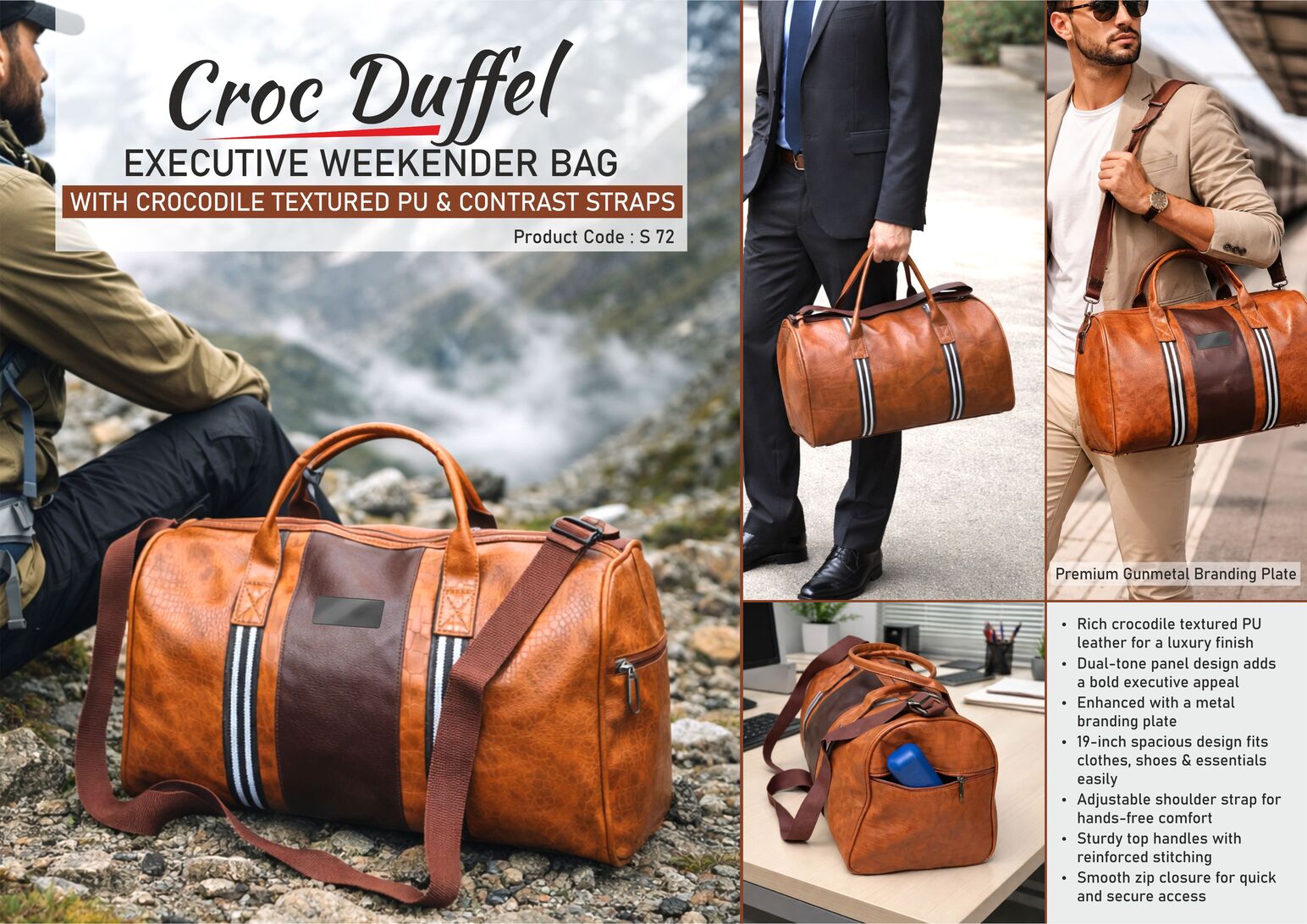 S72 – Croc Duffel: Executive Weekender Bag with Crocodile Textured PU & Contrast Straps | 19 inch length | Metal Branding plate