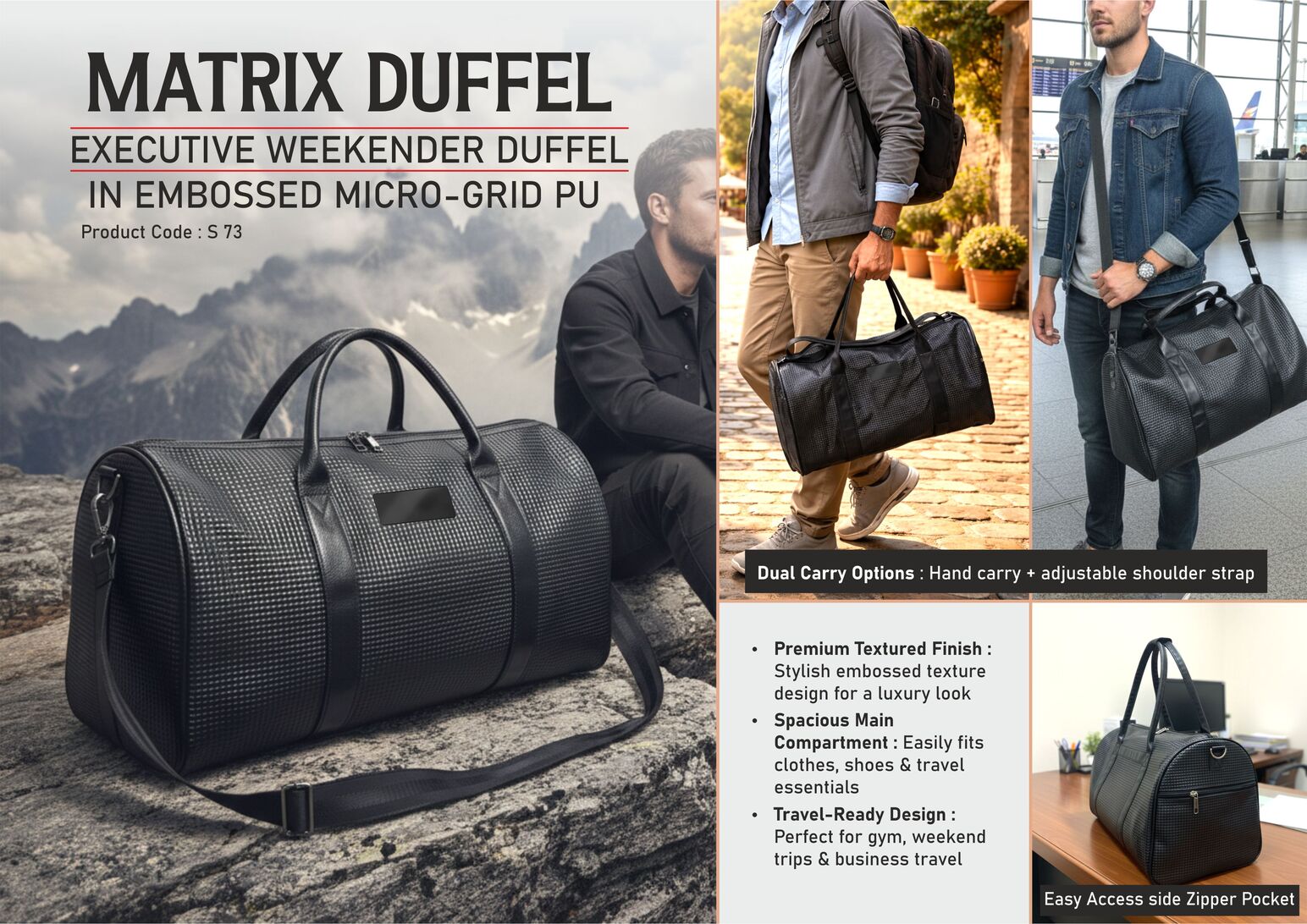 S73 – Matrix Duffel: Executive Weekender Duffel in Embossed Micro-Grid PU | 19 inch length | Super premium finish | Metal Branding plate