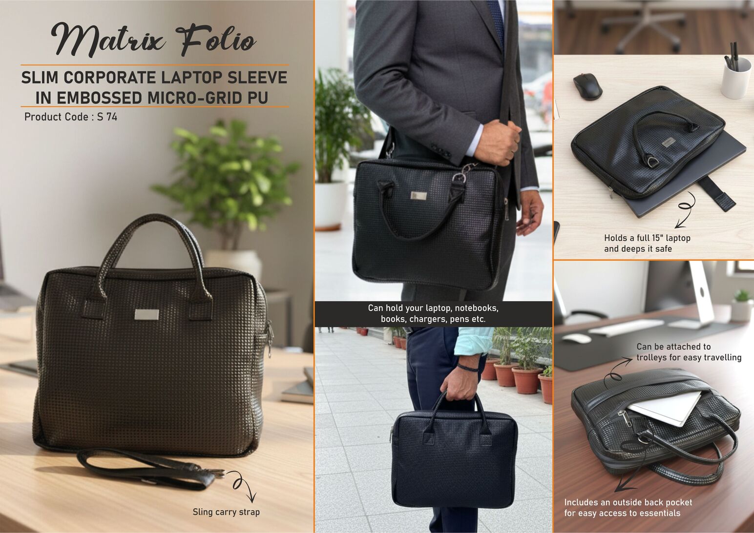 S74 – Matrix Folio: Slim Corporate Laptop Sleeve in Embossed Micro-Grid PU | Super premium finish | Stroller carry strap | Metal Branding plate
