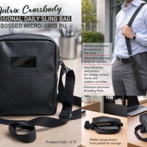 S77 – Matrix Crossbody: Professional Daily Sling Bag in Embossed Micro-Grid PU | Super premium finish | Metal Branding plate