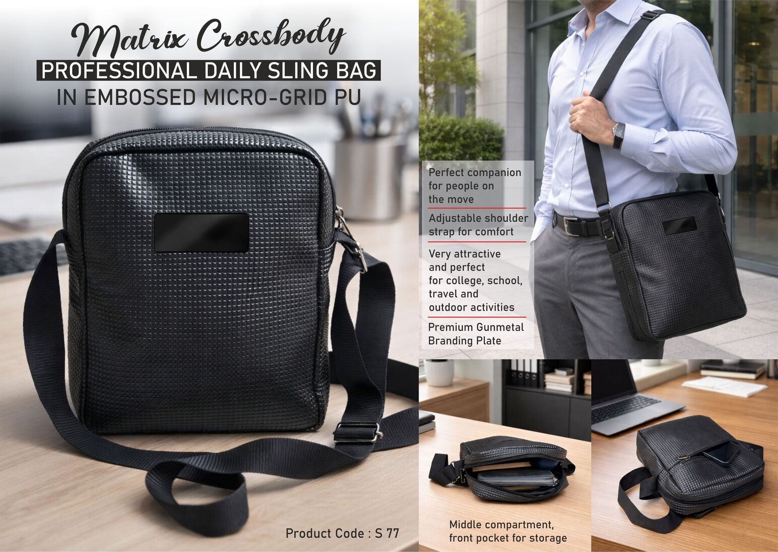 S77 – Matrix Crossbody: Professional Daily Sling Bag in Embossed Micro-Grid PU | Super premium finish | Metal Branding plate
