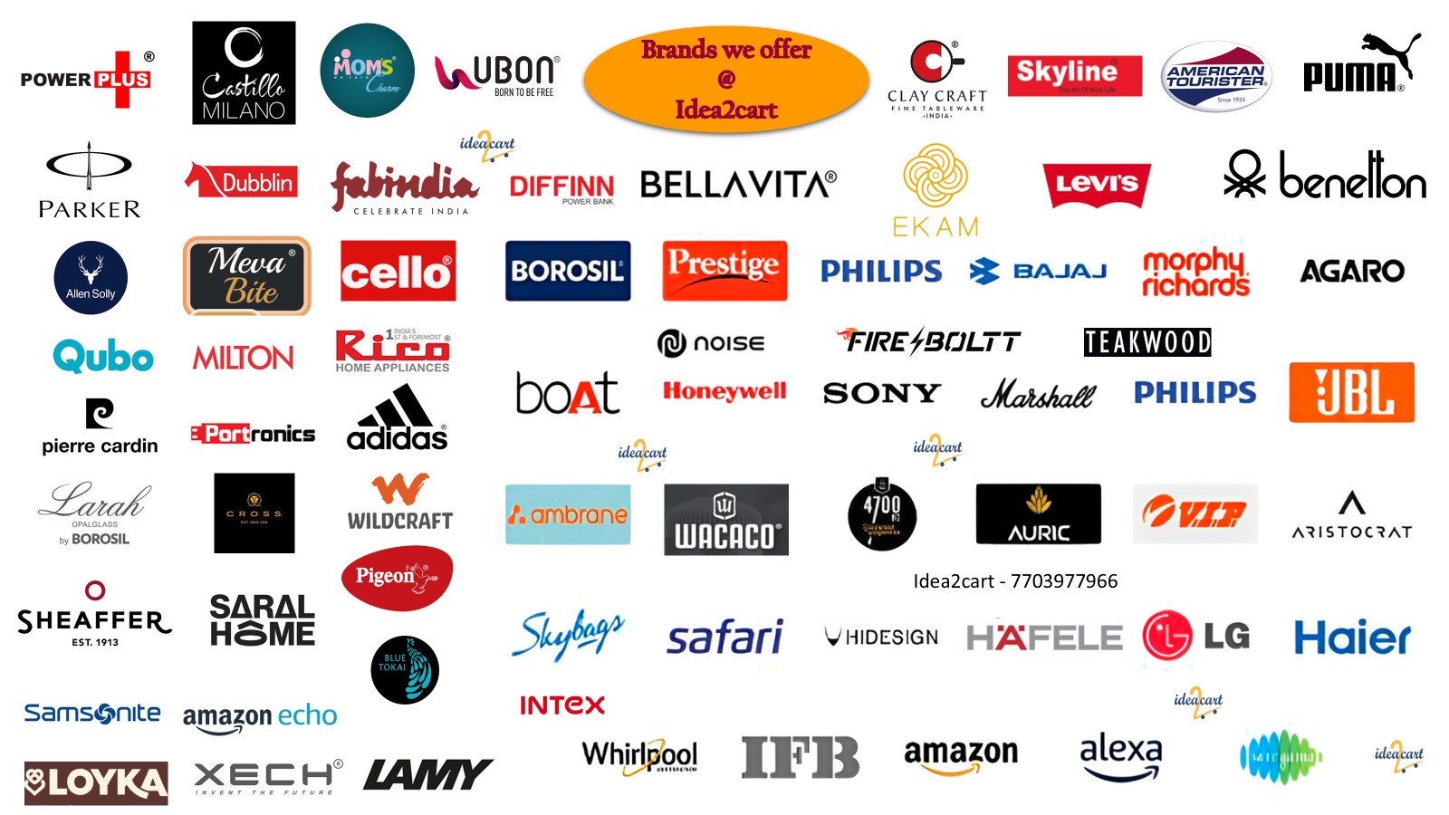 Brands we offer at Idea2cart — Sony, Philips, boAt, Puma, Parker, Levi's and more