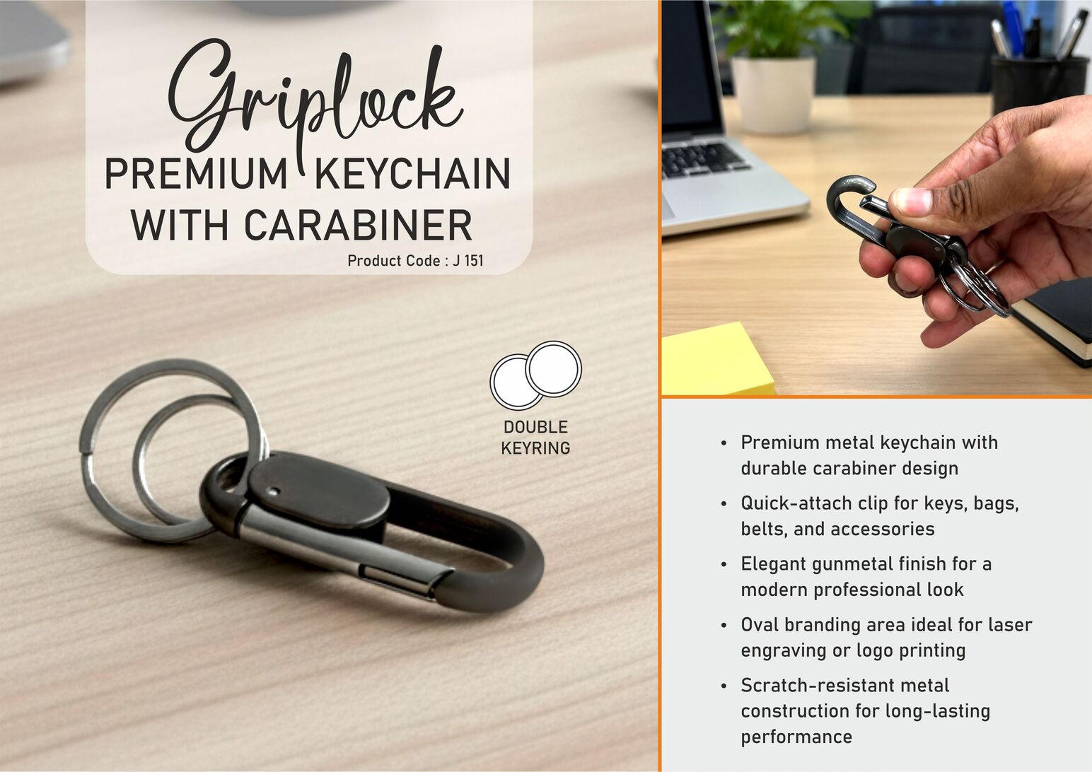 J151 – Griplock: Premium keychain with carabiner | Oval branding area