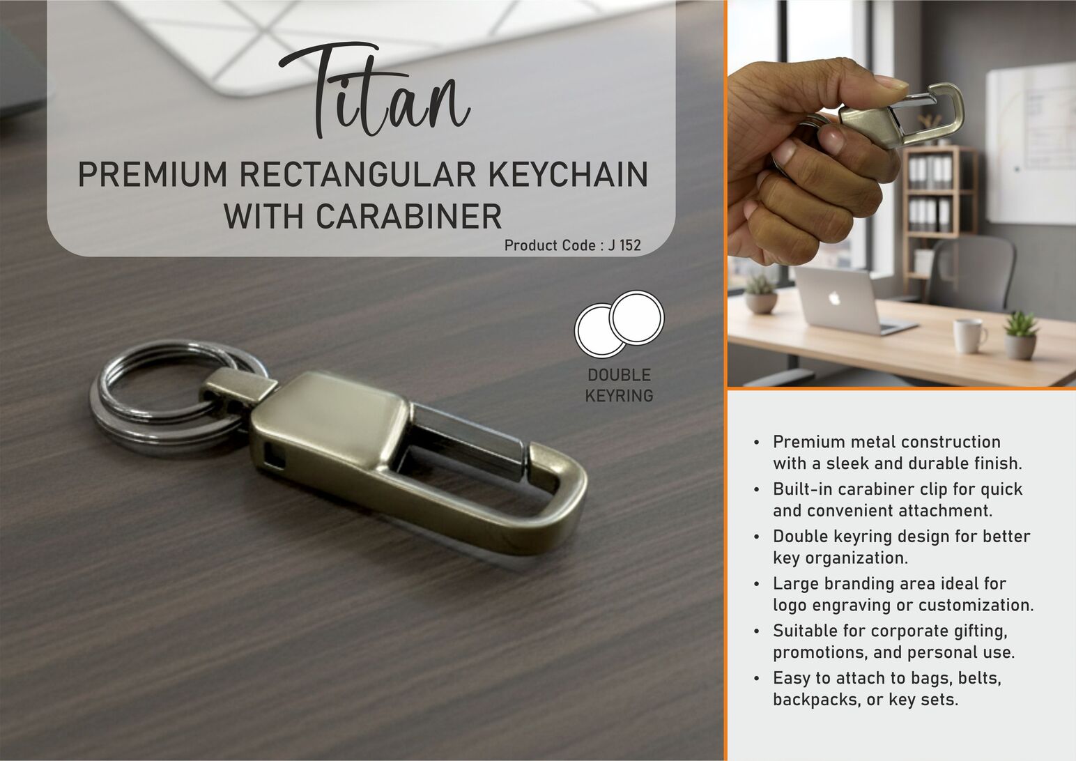 J152 – Titan: Premium rectangular keychain with carabiner | Double keyring | Large branding area