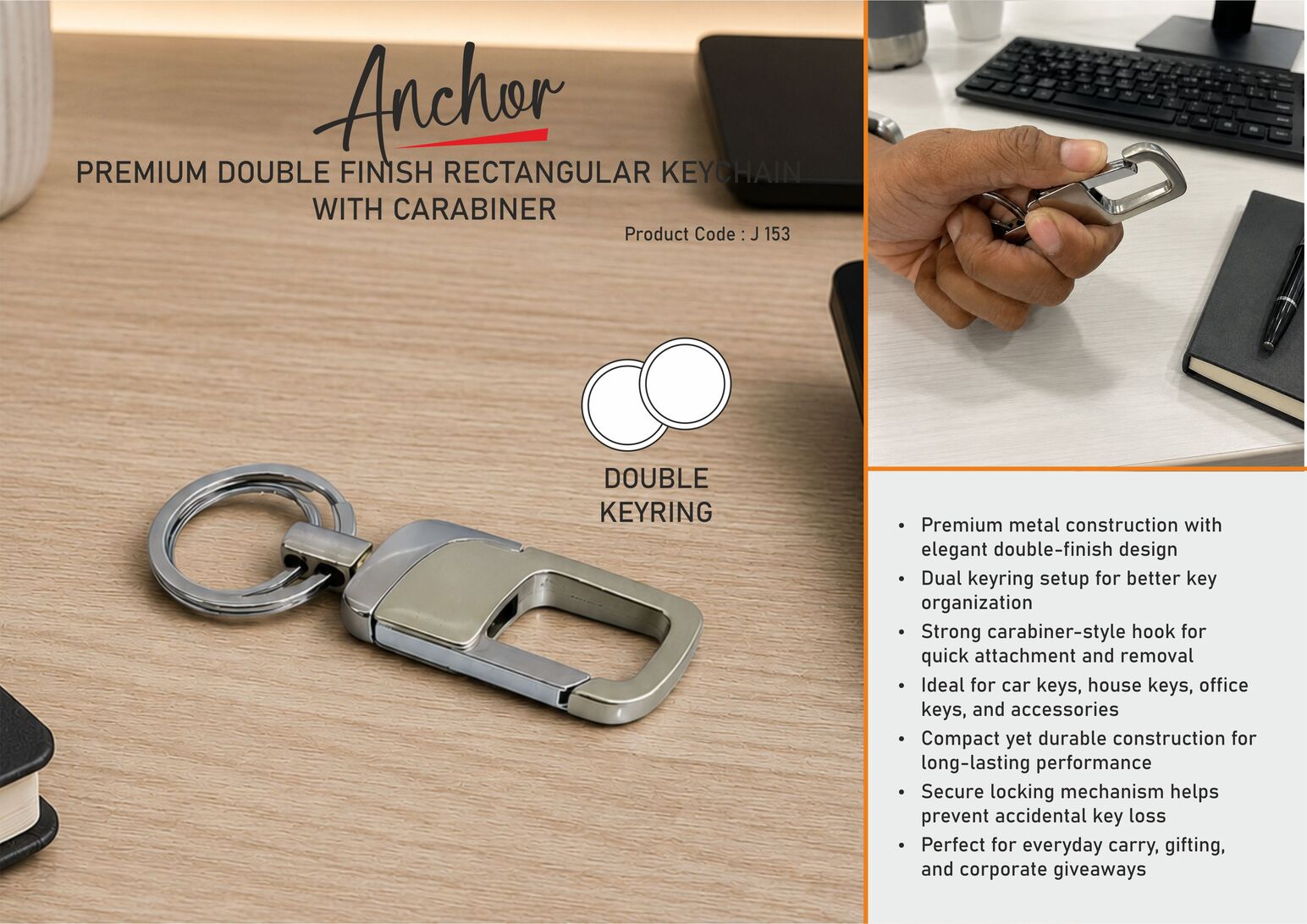 J153 – Anchor: Premium double finish rectangular keychain with carabiner | Double keyring