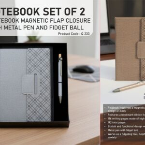 Q233 – Notebook Set of 2: Magnetic 3 Fold Nook Notebook, Metal Pen with Fidget ball in in Hard board box– Min 10 pcs