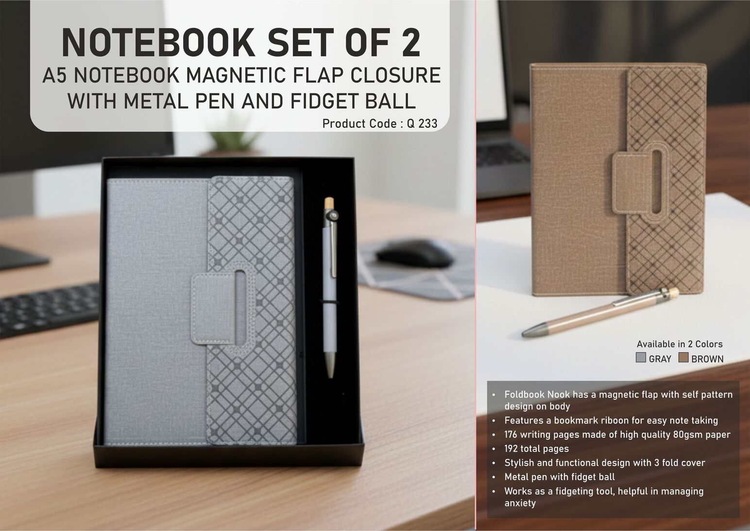 Q233 – Notebook Set of 2: Magnetic 3 Fold Nook Notebook, Metal Pen with Fidget ball in in Hard board box– Min 10 pcs