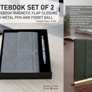 Q234 –Notebook Set of 2: Magnetic 3 Fold Notebook, Metal Pen with Fidget ball in in Hard board box– Min 10 pcs