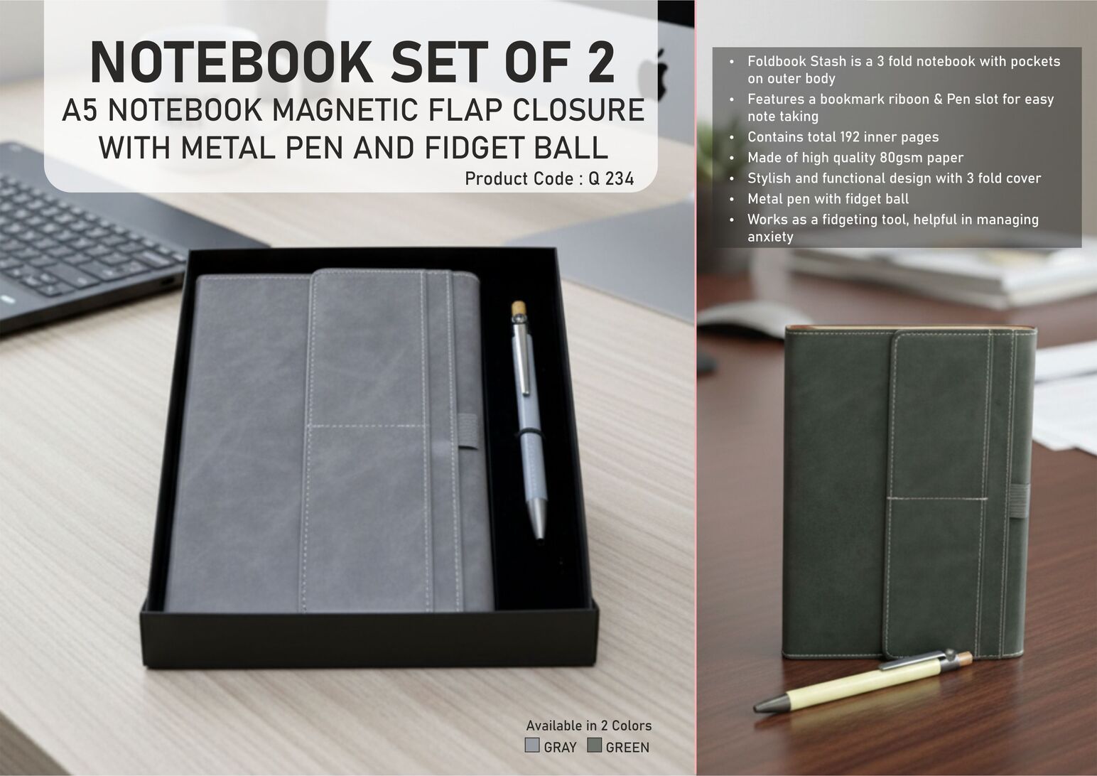 Q234 –Notebook Set of 2: Magnetic 3 Fold Notebook, Metal Pen with Fidget ball in in Hard board box– Min 10 pcs