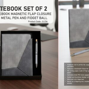 Q236 – Notebook Set of 2: Magnetic 3 Fold Mail Notebook, Metal Pen with Fidget ball in in Hard board box– Min 10 pcs