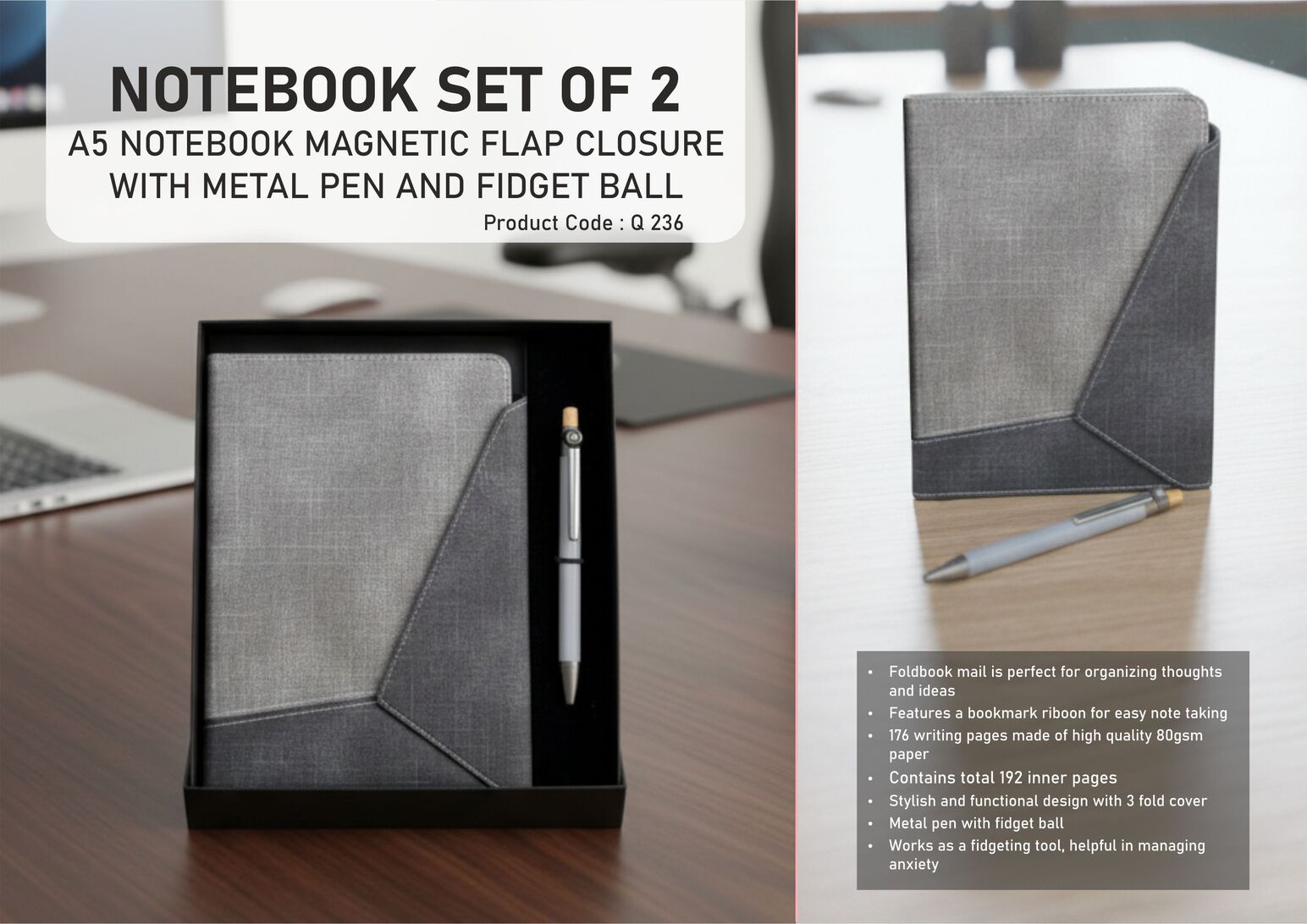Q236 – Notebook Set of 2: Magnetic 3 Fold Mail Notebook, Metal Pen with Fidget ball in in Hard board box– Min 10 pcs